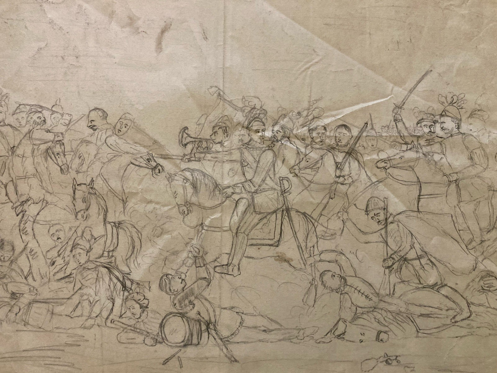 Large Drawing D’ Child 1854 Xixth Art Raw Chevalier Horse Horses Battle