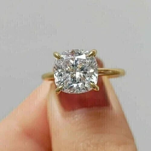 2 Ct Cushion Cut Lab Created Diamond Solitaire Band Ring 14K Yellow Gold Plated