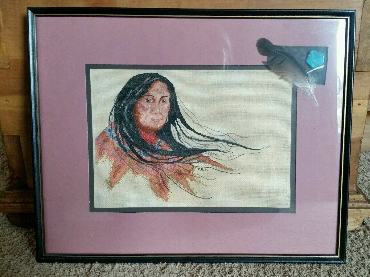 Vintage Handmade Needlepoint Native American Man W/ Beading Detail Signed PAS