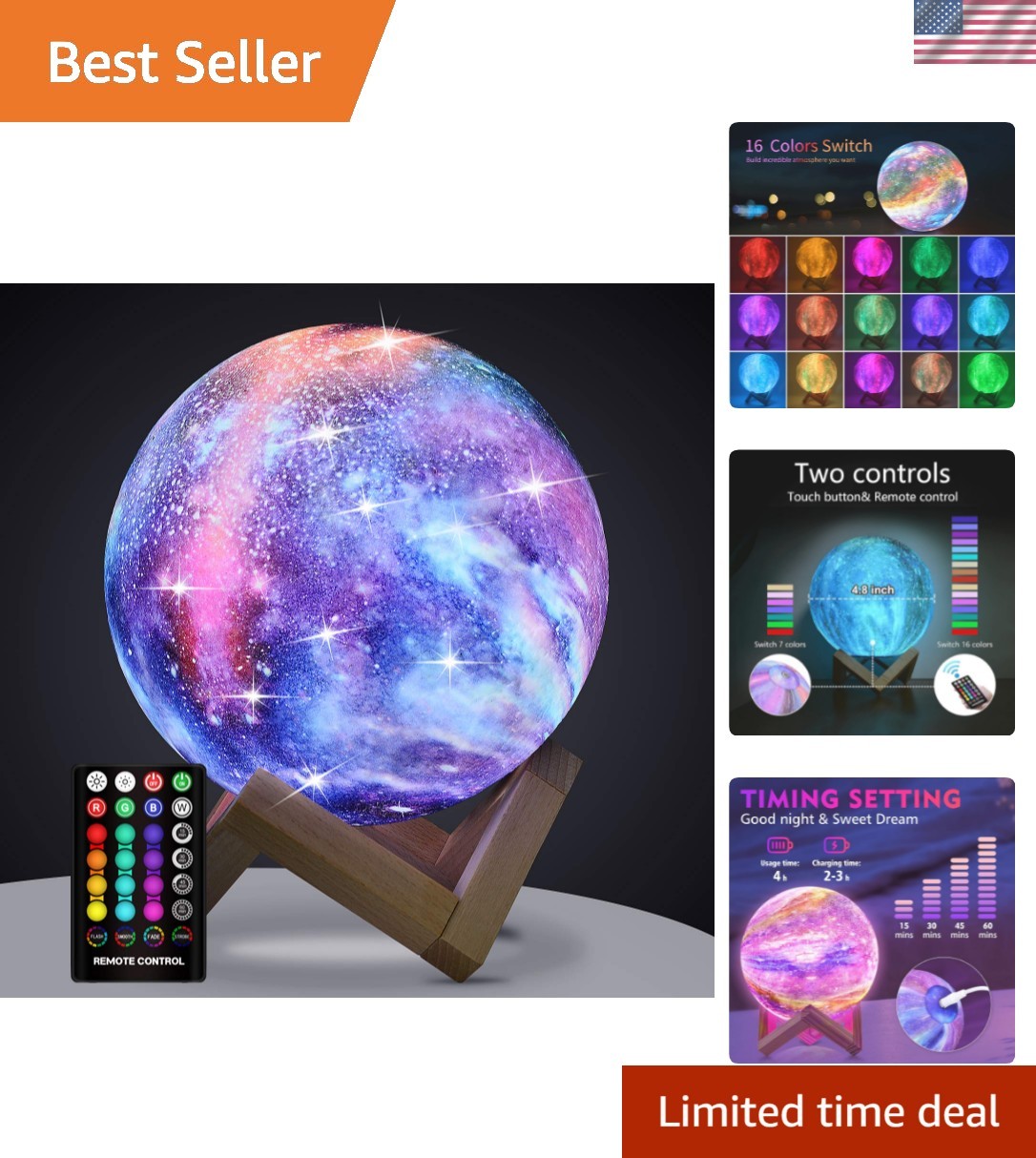 Moon Lamp, Kids Night Light Galaxy Lamp - 16 Colors Moon Light with Wood Stan...