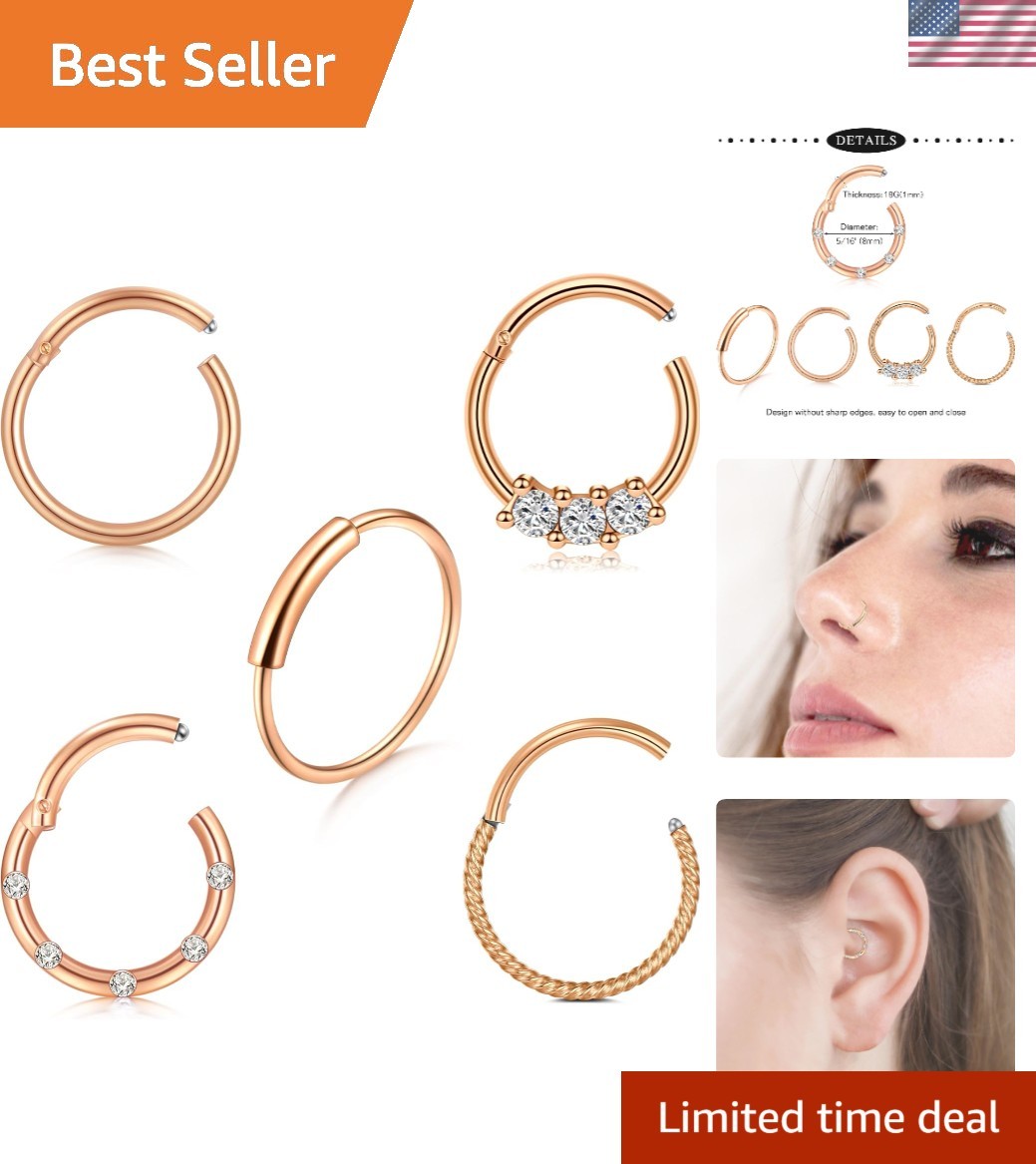 16G 18G Nose Rings Surgical Steel Hinged Segment Clicker CZ Nose Ring Hoop fo...