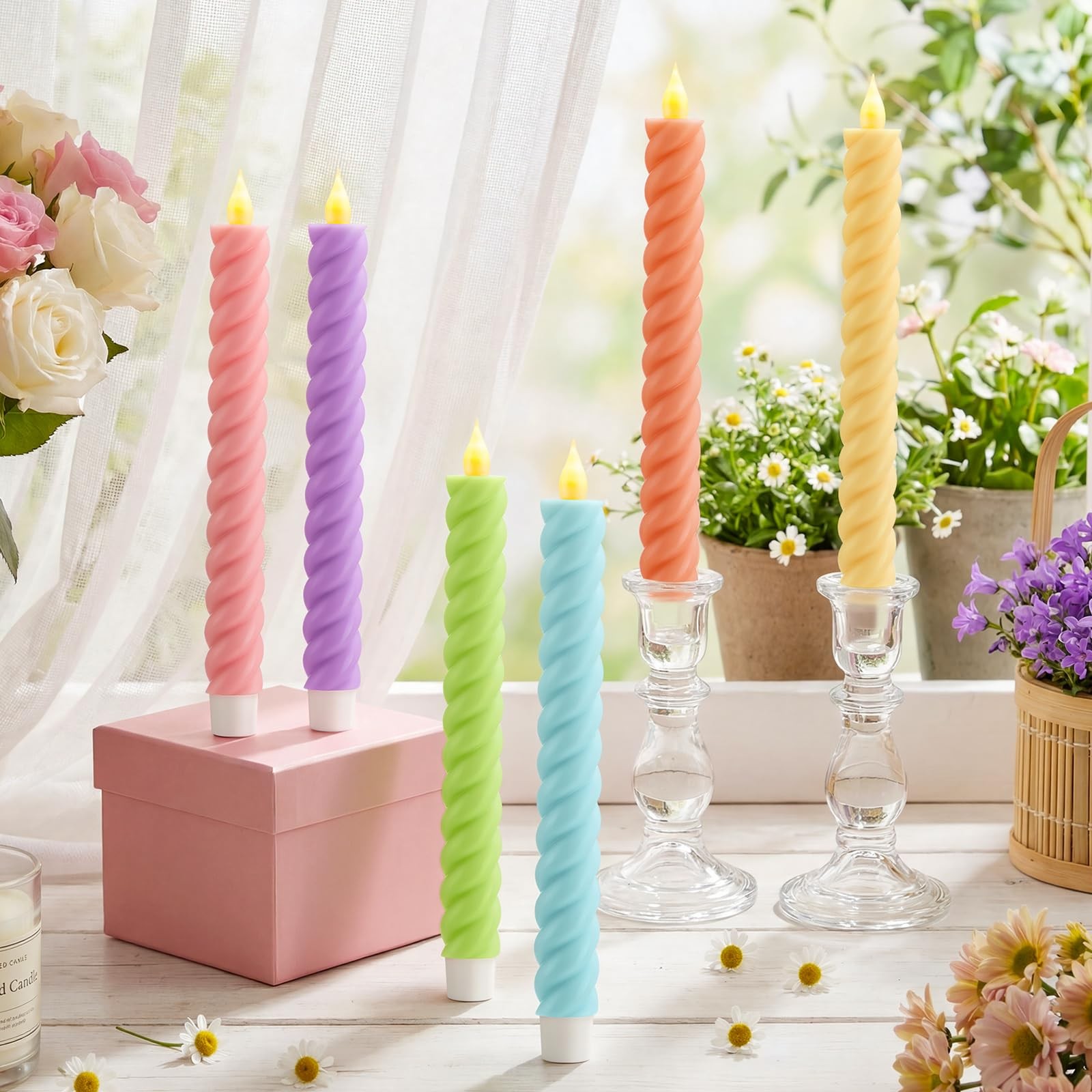 6 Pcs Easter Spring Flameless Taper Candle Pastel Easter Twisted LED Taper Spira