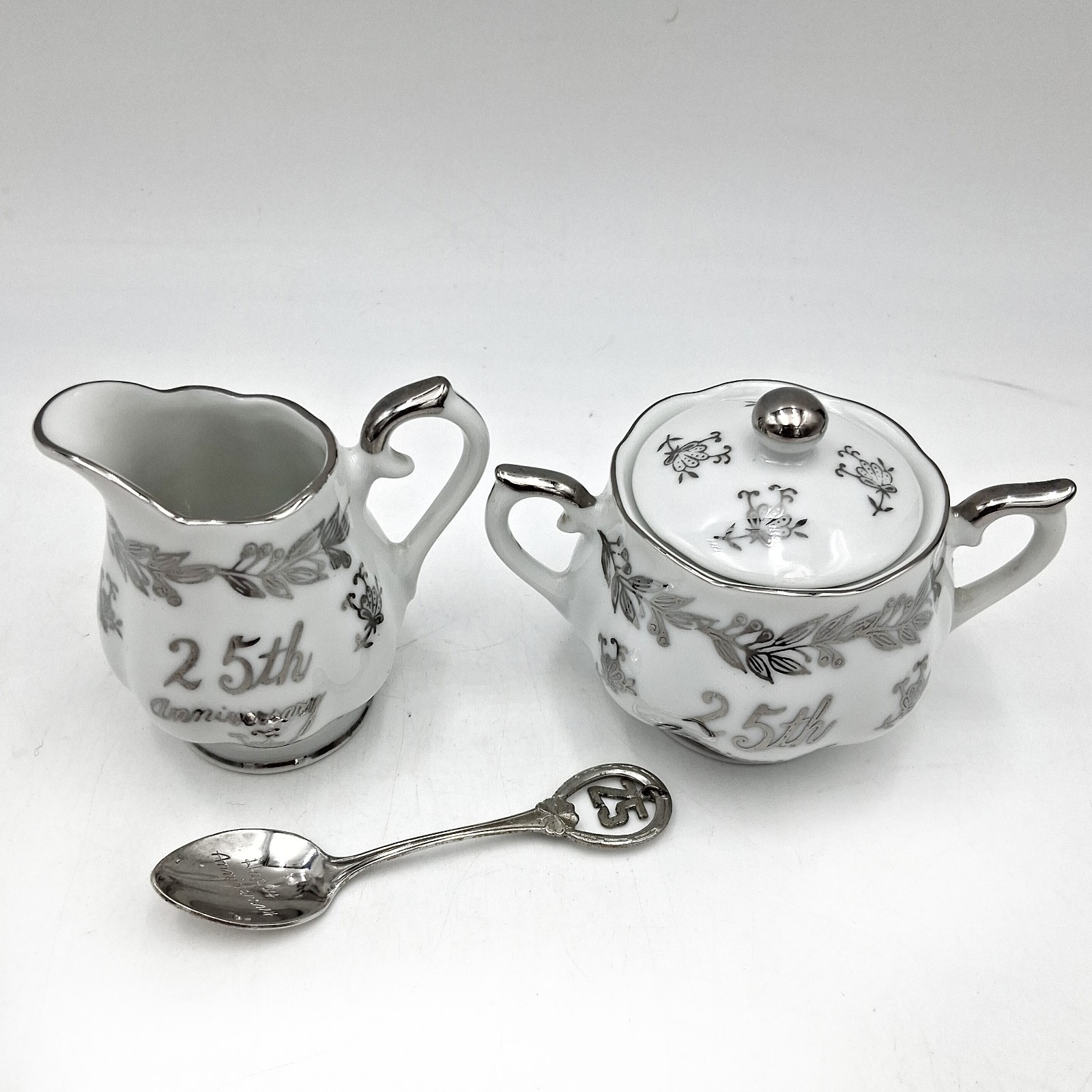 Vintage Lefton 25th Anniversary Creamer & Sugar Bowl With Spoon