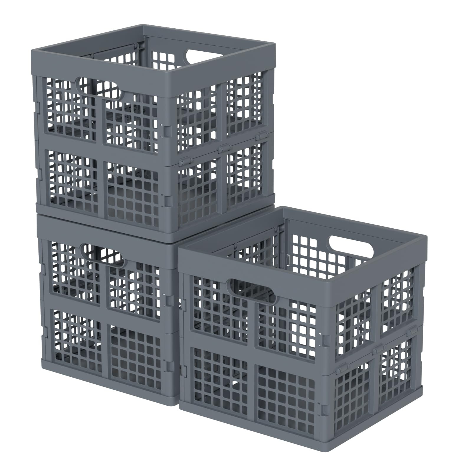 18 L Plastic Collapsible Crates, Gray Foldable Storage Crate, 3 Pack