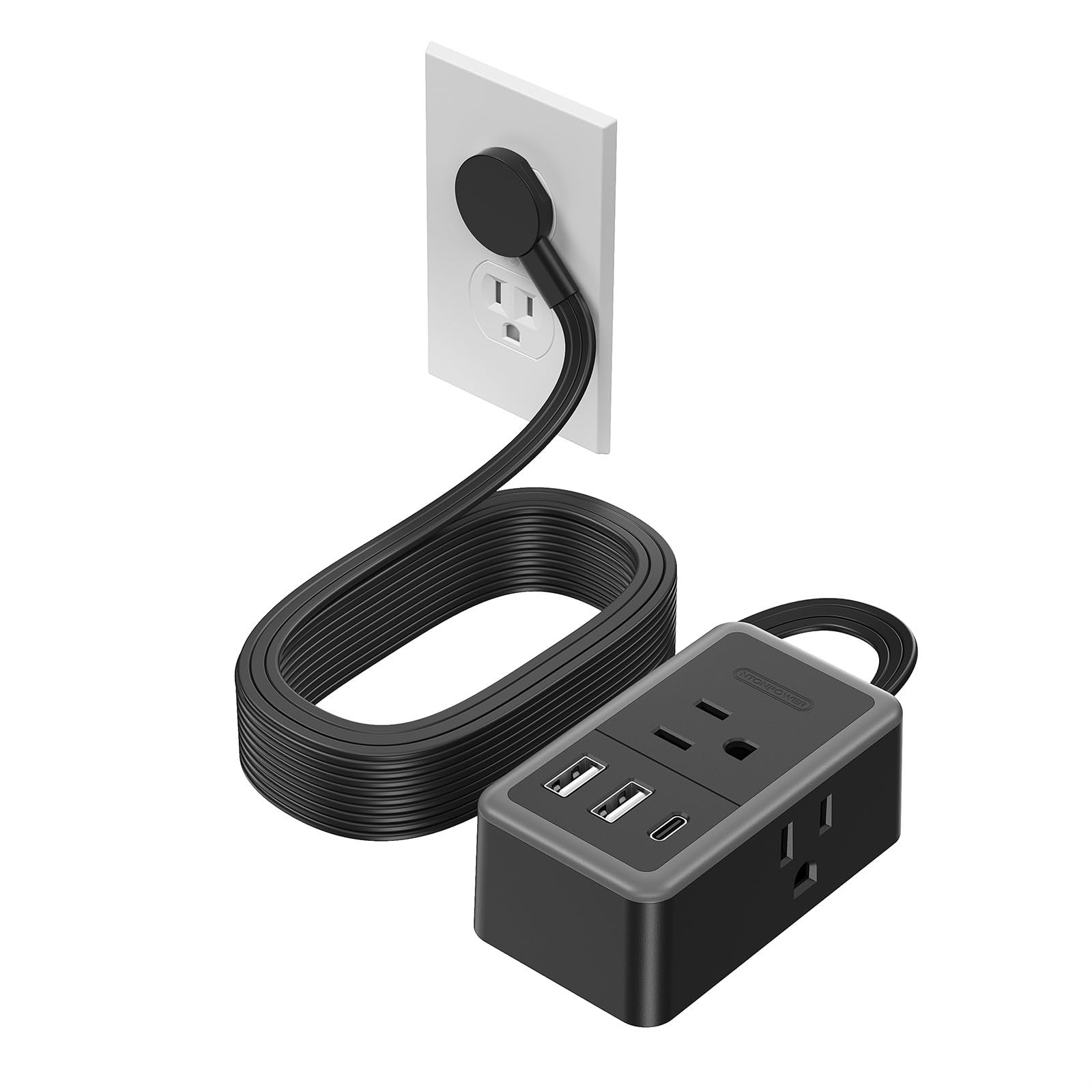 NTONPOWER 15ft Flat Plug Power Strip 3 Outlets 3 USB (1 USB C) Black