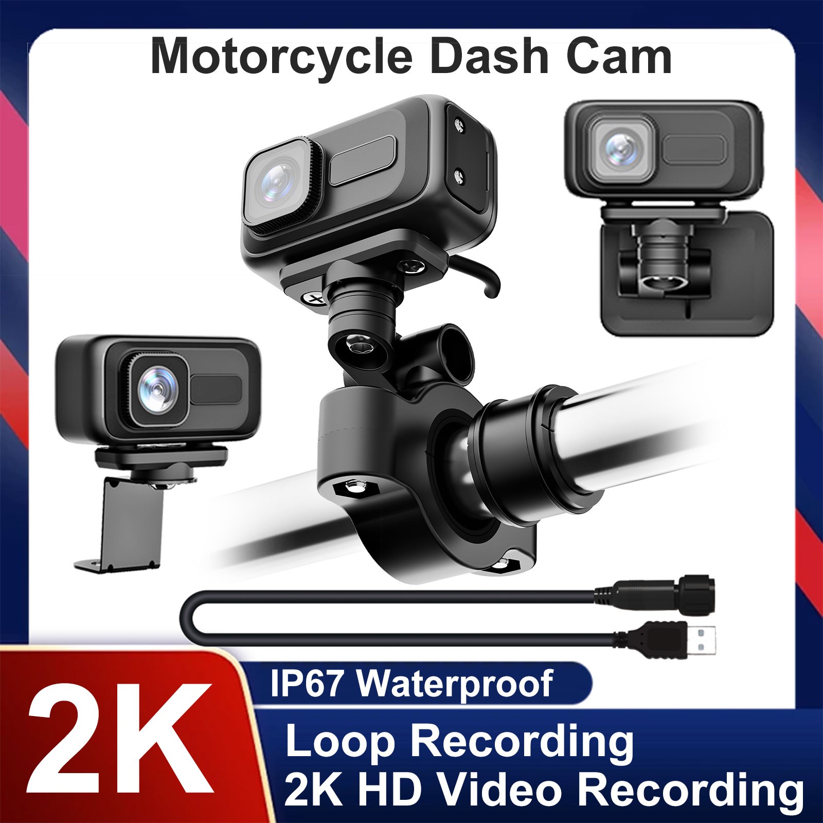 Motorcycle Dash Cam WiFi 2K HD 140° Wide Angle 64G Card 3 Brackets Bike Recorder