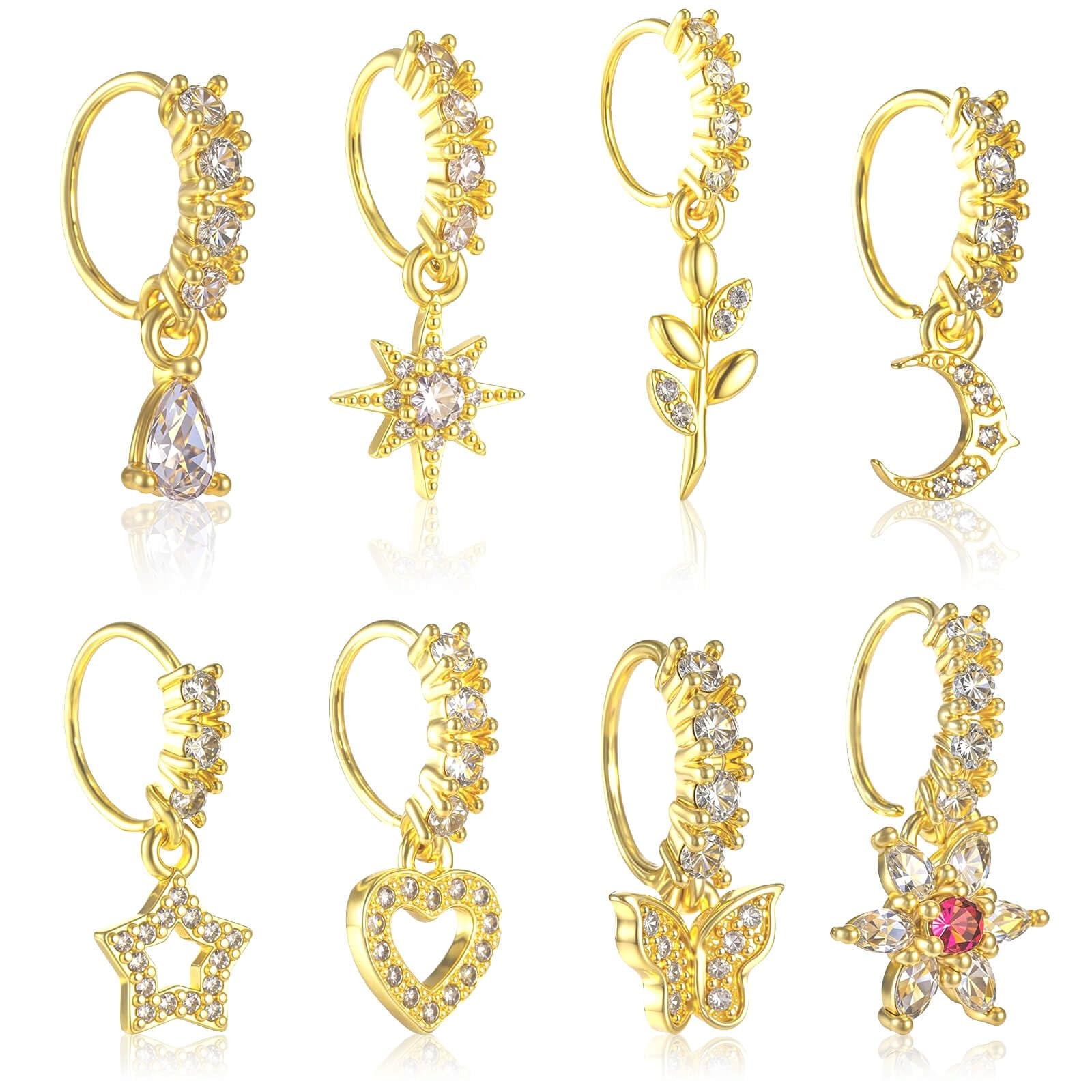 JELIEE 8 PCS Dangle Nose Ring Hoop Gold Rings Studs for 0.8mm, 