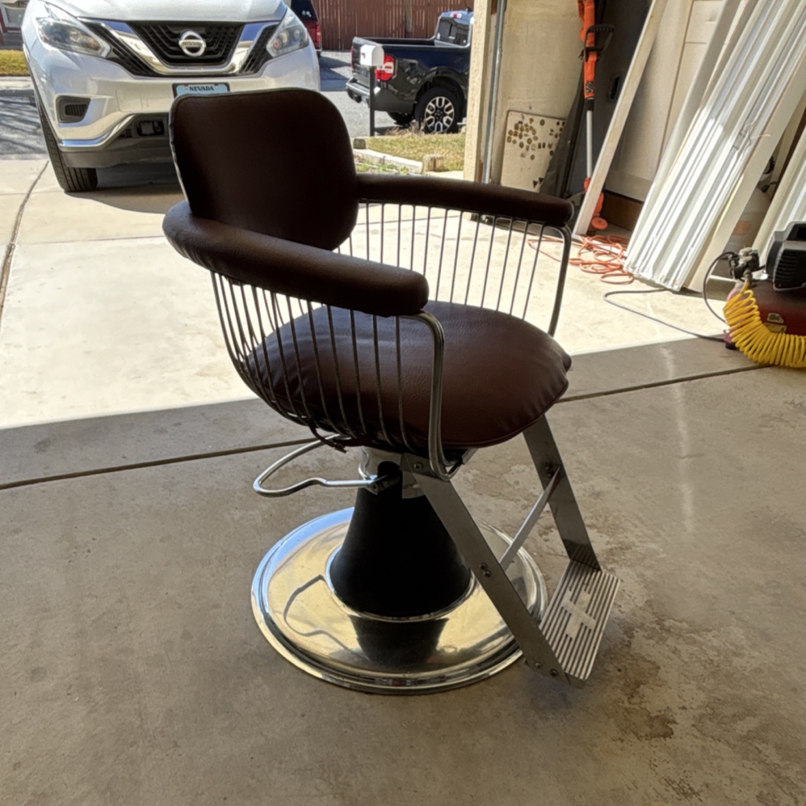 Vintage Metal Wire Frame Barber Chair Hydraulic Base Brown Upholstery