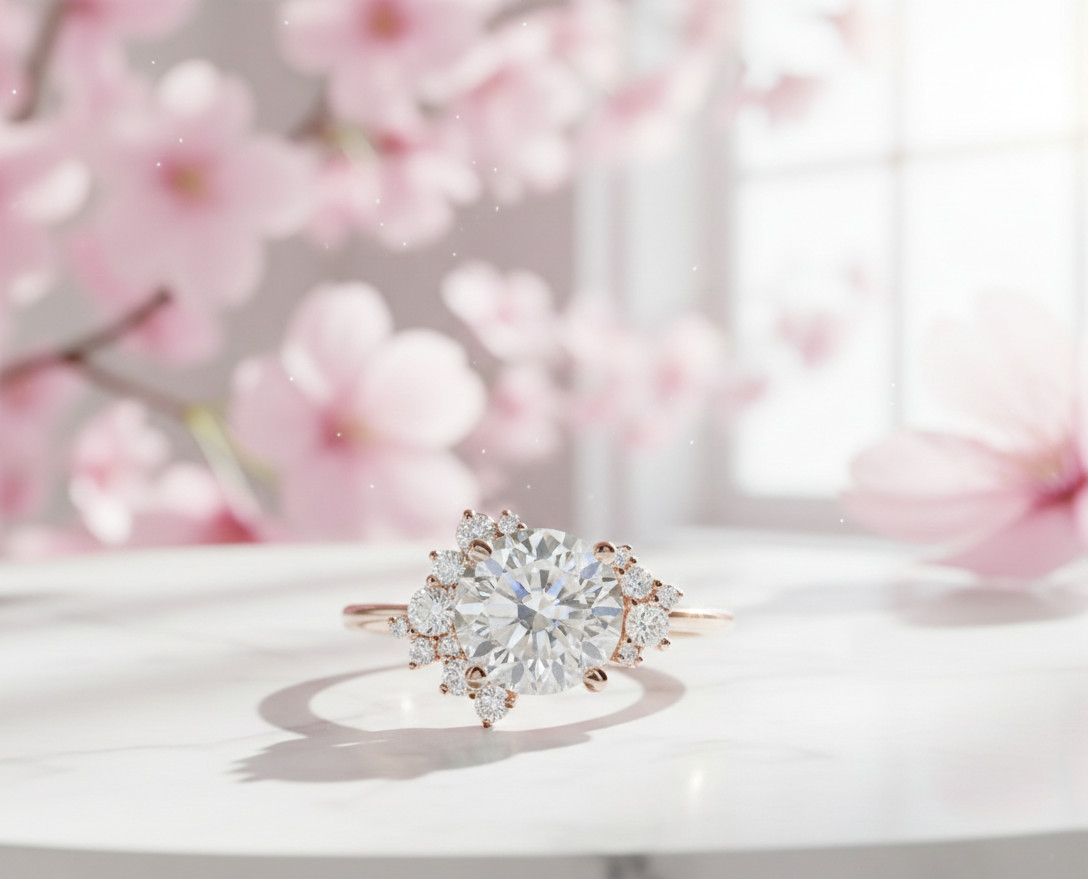 Round Cut Moissanite Engagement Ring | 925Silver Floral Cluster Set Ring