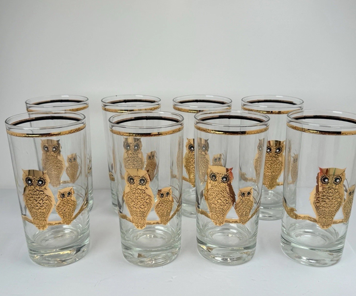 Culver 22K Gold Owl Highball Glasses Lot Of 8 VTG 1950s Hollywood Regency