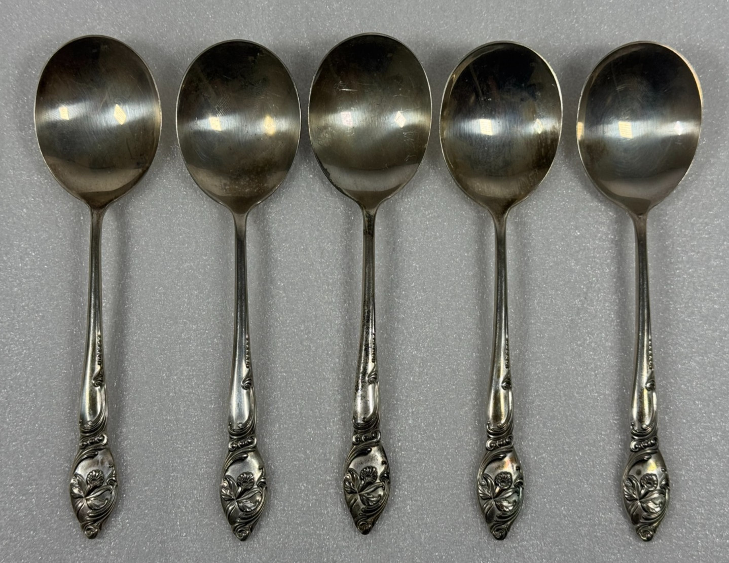 LOT OF 5 Westmorland Sterling Silver 6" Orchid Oval Soup Spoons 160g Total .925