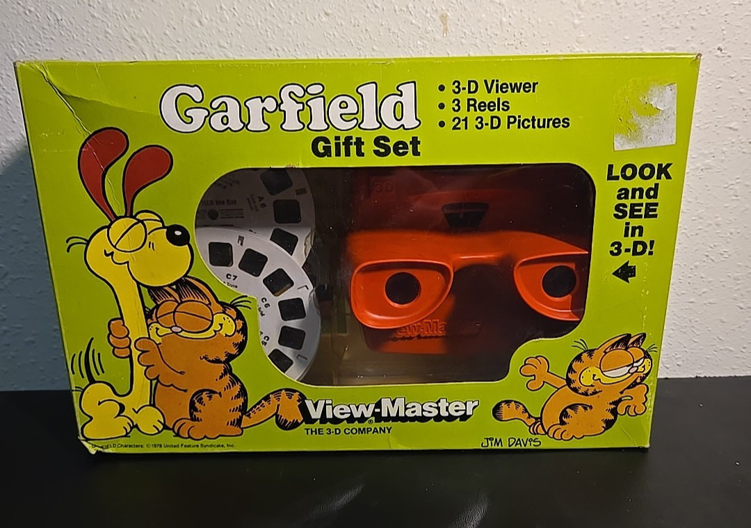 Vintage Garfield View-Master Gift Set WITH BOX! & 3 Reels Toy 3D Cat Slides