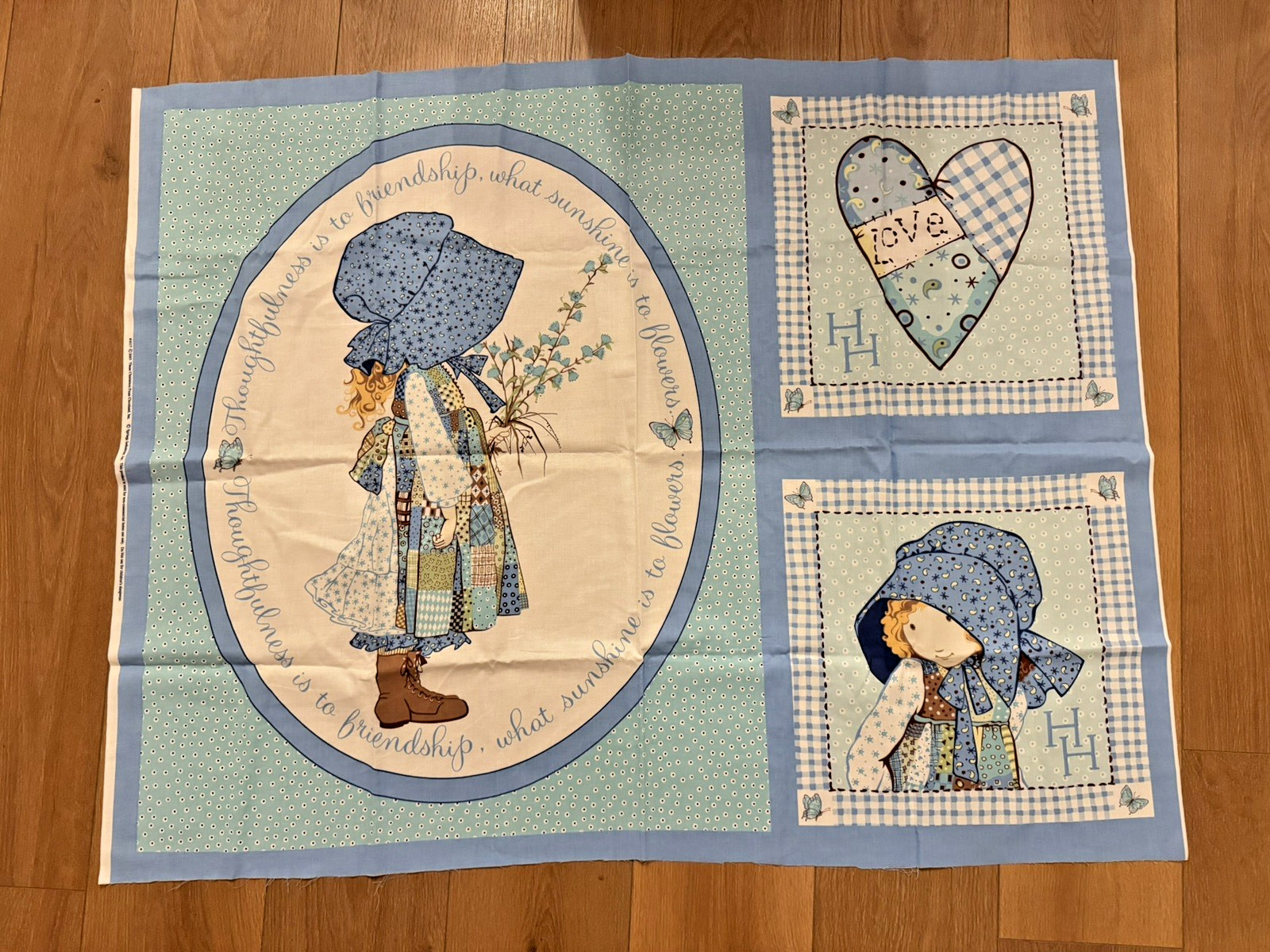 Vintage 2005 Holly Hobbie Fabric Quilt Panel 46" X 35" Nursery Sewing Craft BLUE