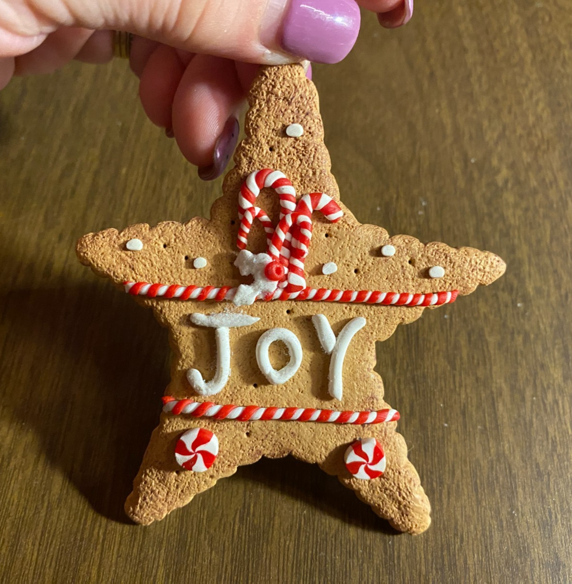 Faux Gingerbread Star w JOY & Candy Canes Christmas Ornament 4"
