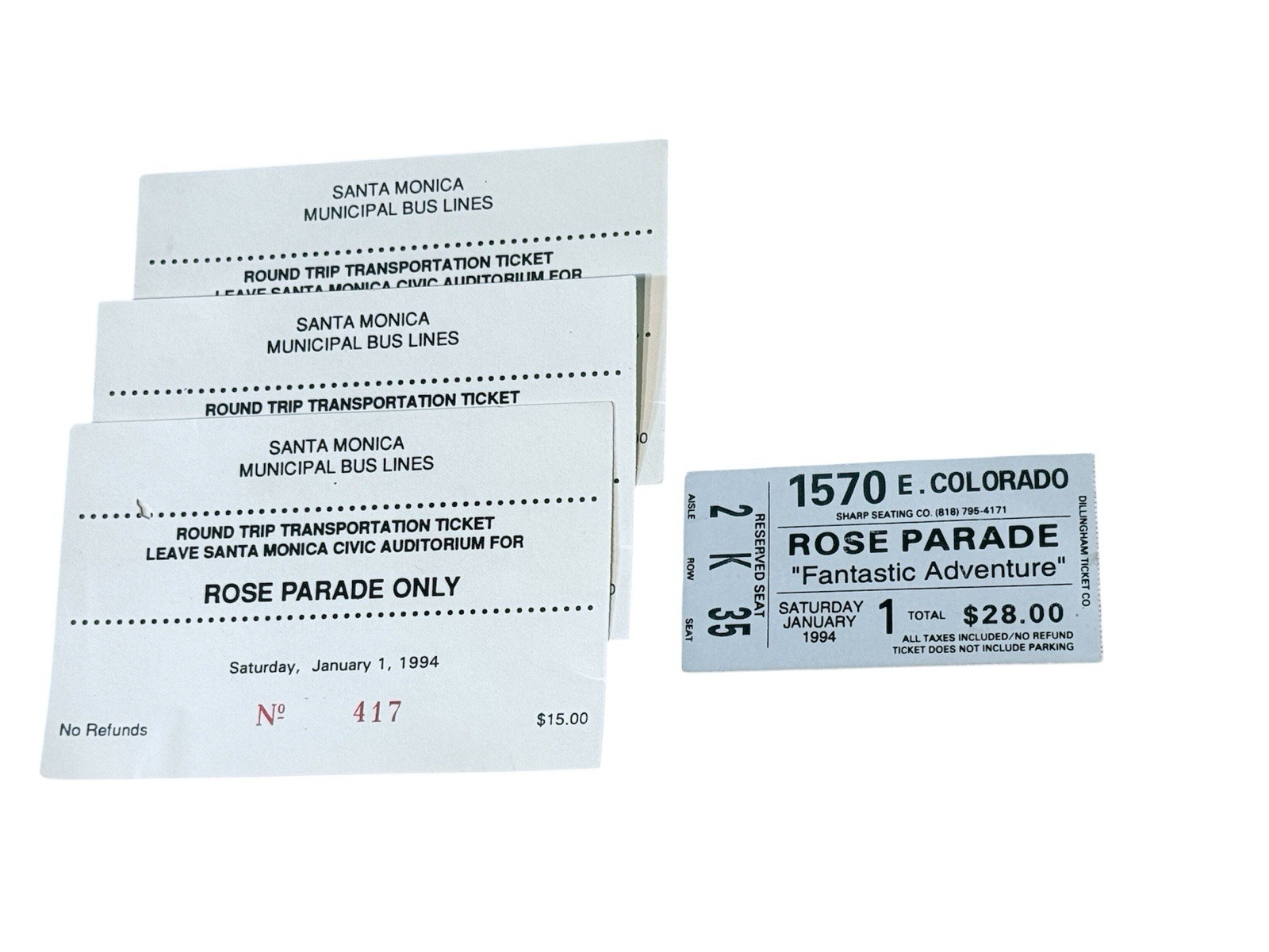 Rose Parade 1/1/1994 Ticket Stub and Bus Tickets