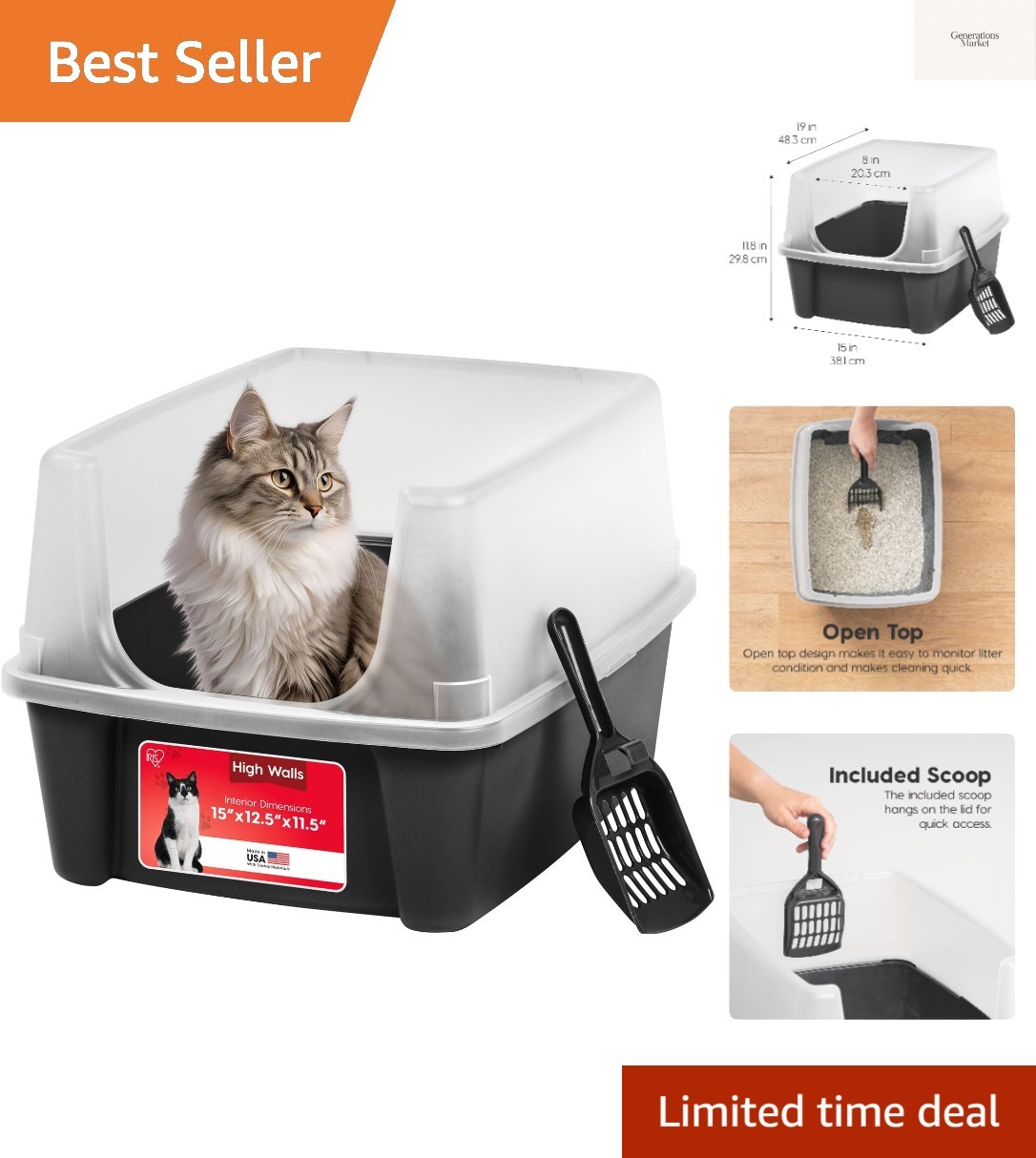 Large Cat Litter Box with Scatter Shield and Scoop, Open Top High Sided Cat L...