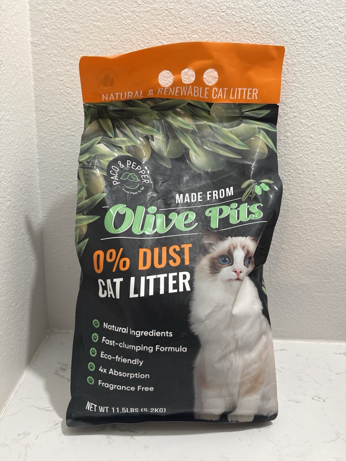 Paco & Pepper Olive Pit Cat Litter 11.5 lb Natural 0% Dust Fast Clumping Eco