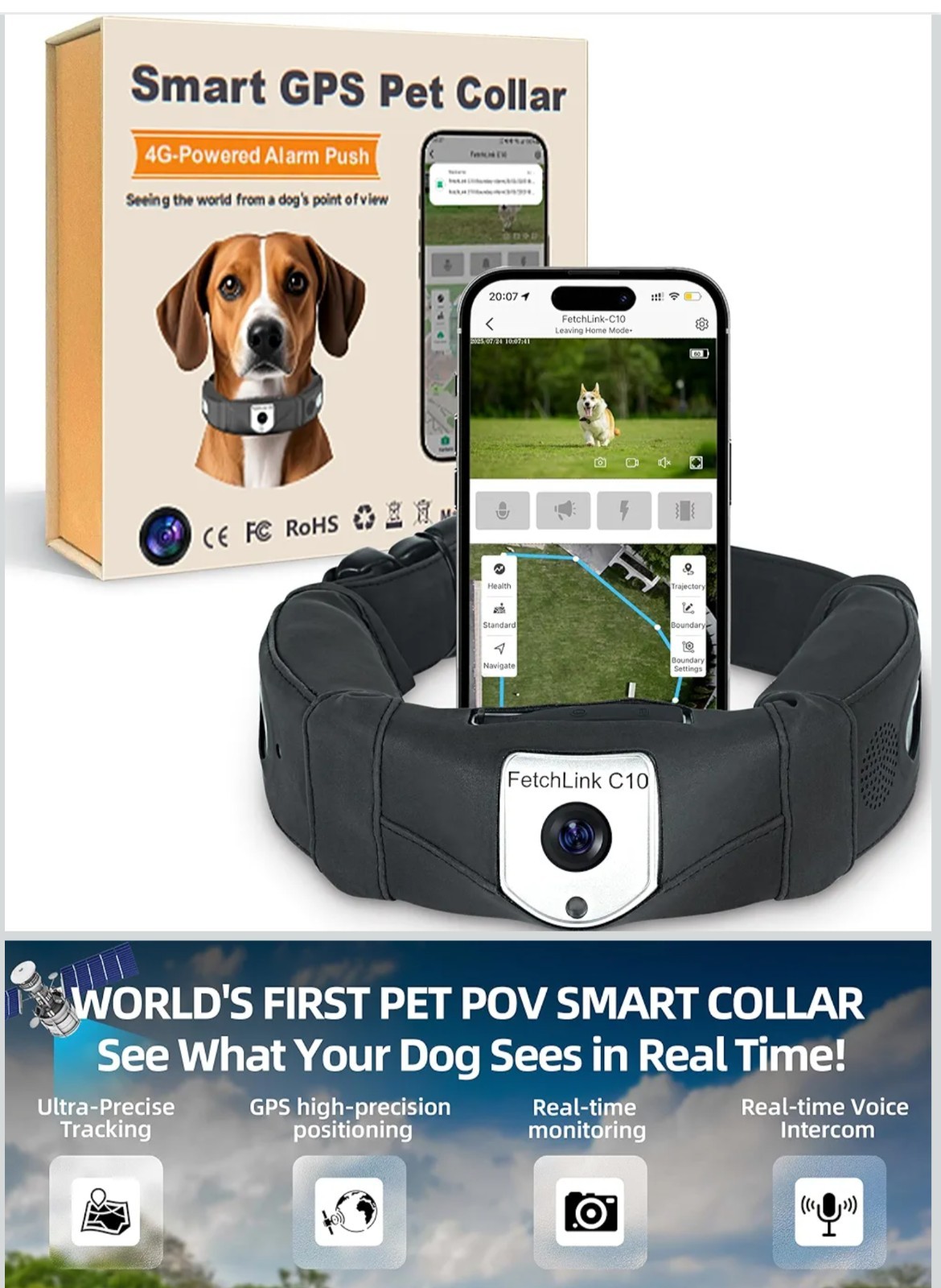 Fetchlink C10 Smart Pet GPS Tracker Collar Real-Time Pet Locator