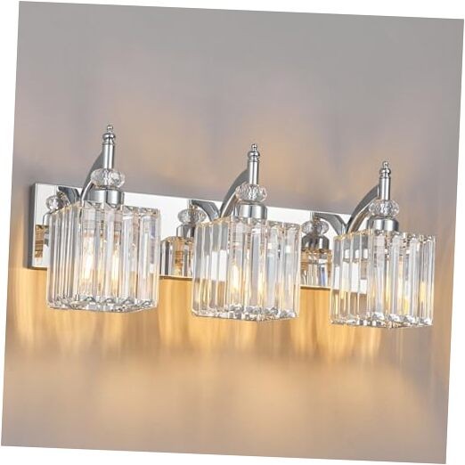 Modern Bathroom Vanity Light Crystal Light Fixtures Over Mirror 3-Light Chrome