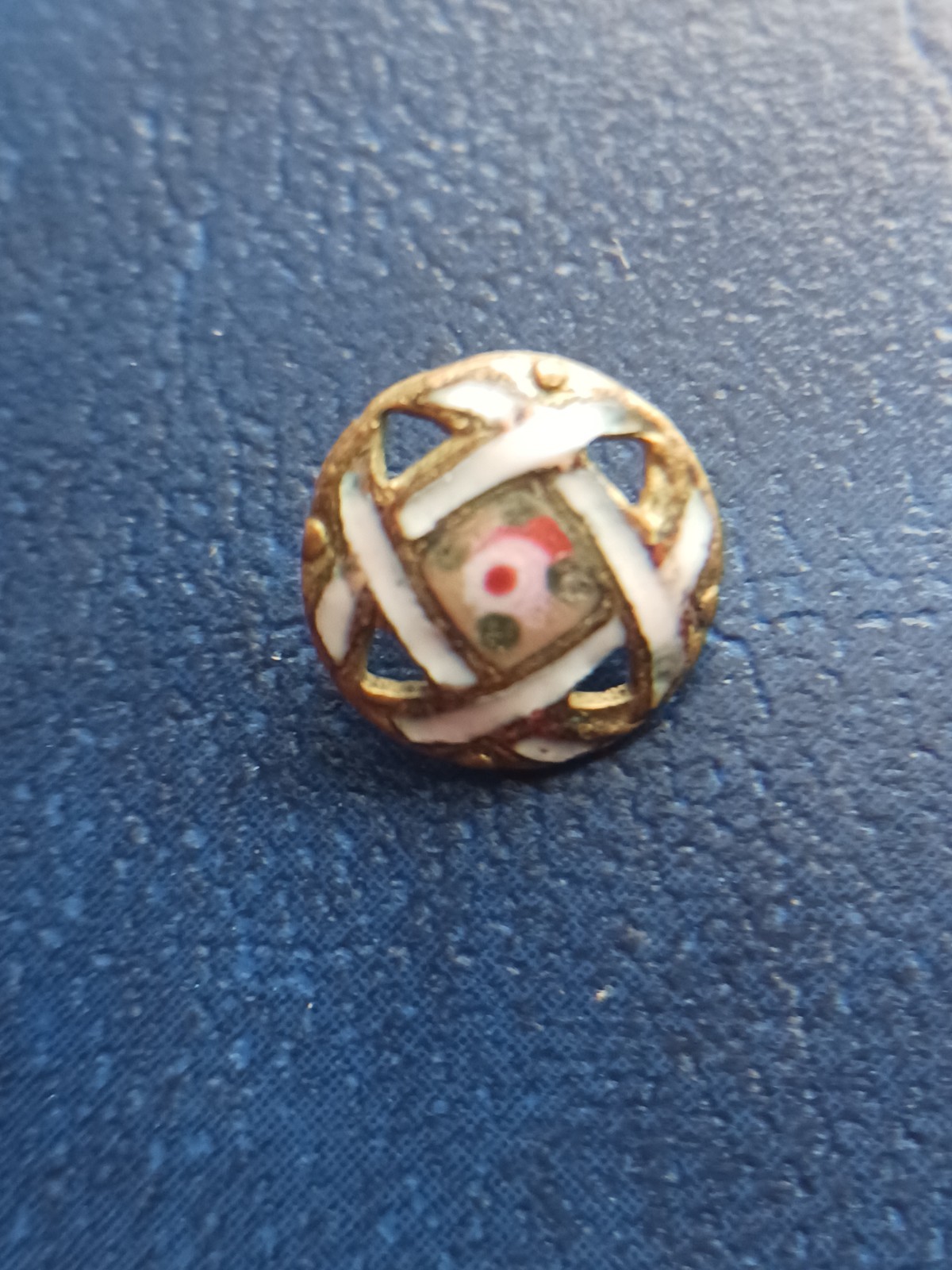 Antique Small Hand Painted Enamel Inlay On Pierced Brass Button