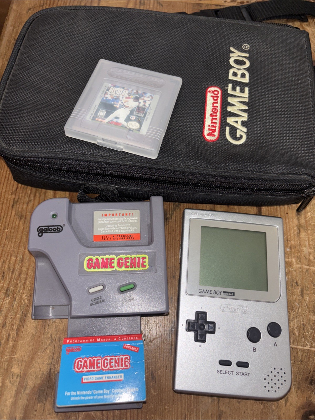 Game Boy Pocket Silver Mob-001, Case,  Game Genie + code book +All Star Baseball