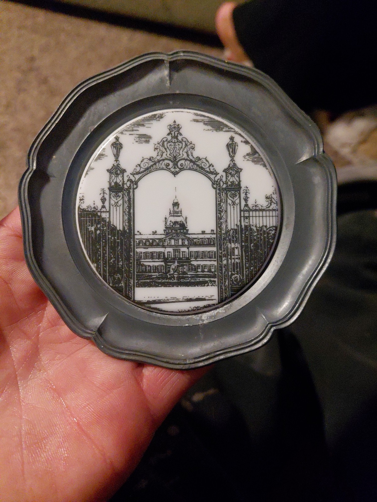 Vintage Sparkasse German Pewter & Porcelain Coaster - Ornate Palace Gate Motif