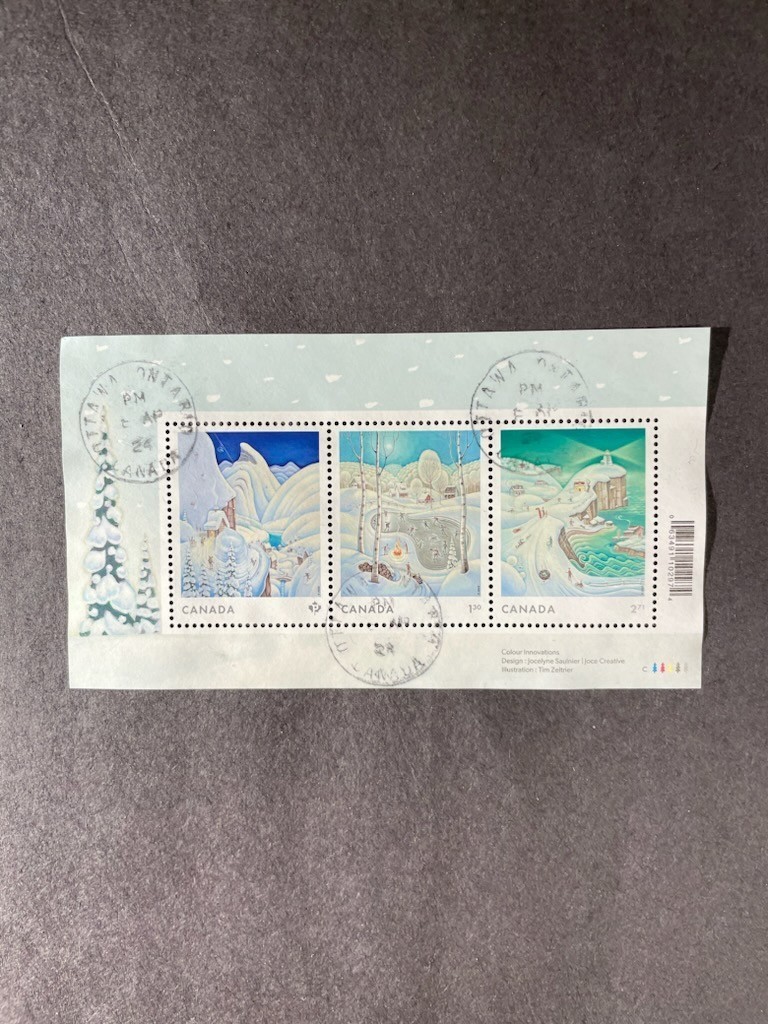 Stamps Canada used Christmas 2023 souvenir sheet of 3 stamps