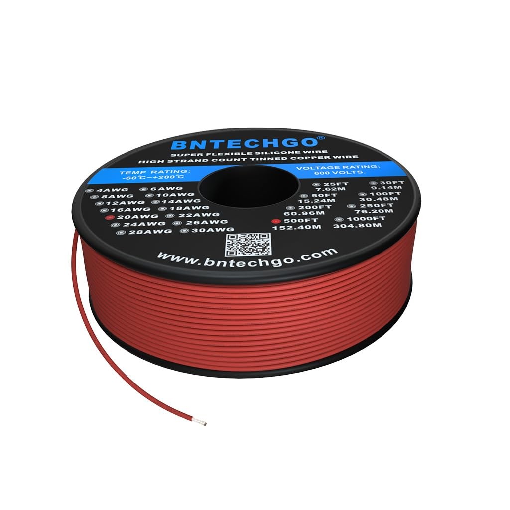BNTECHGO 20 Gauge Silicone Wire Spool 500 ft red Flexible 20 AWG Stranded Tinned