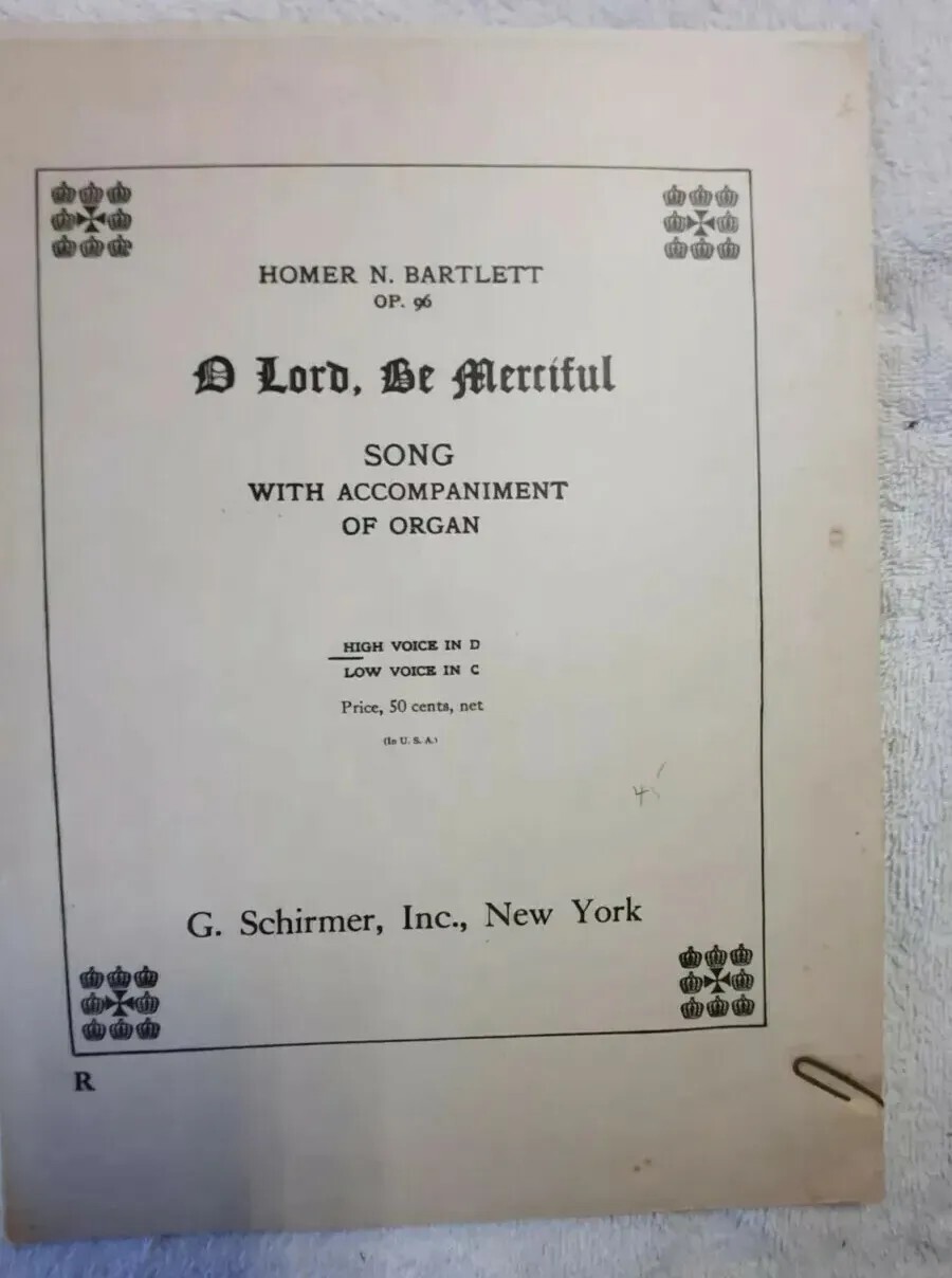 O Lord Be Merciful   Homer  Bartlett  Gospel Organ Piano Vocal Sheet Music 1890