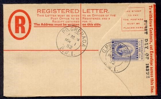 GRENADA 1952 KGVI 6c REGISTERED ENV FDC