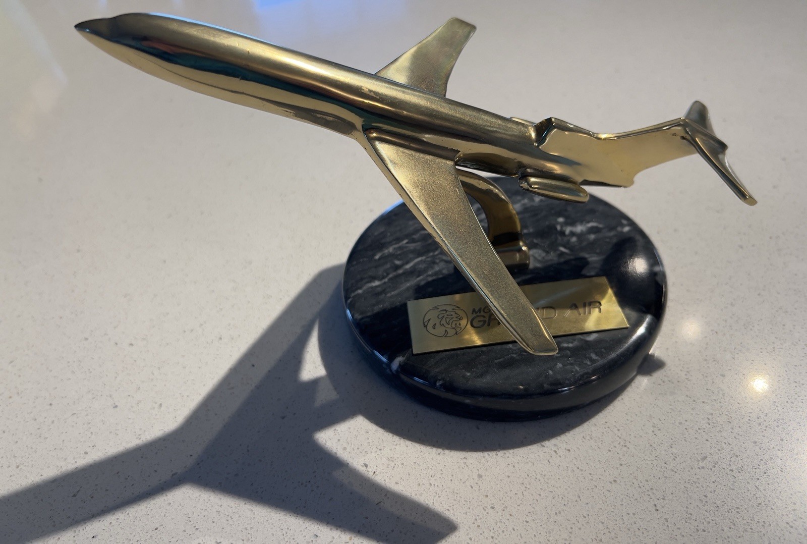 Vintage Solid Brass Airplane Jet On Marble Base Paperweight Decor MGM Grand Air