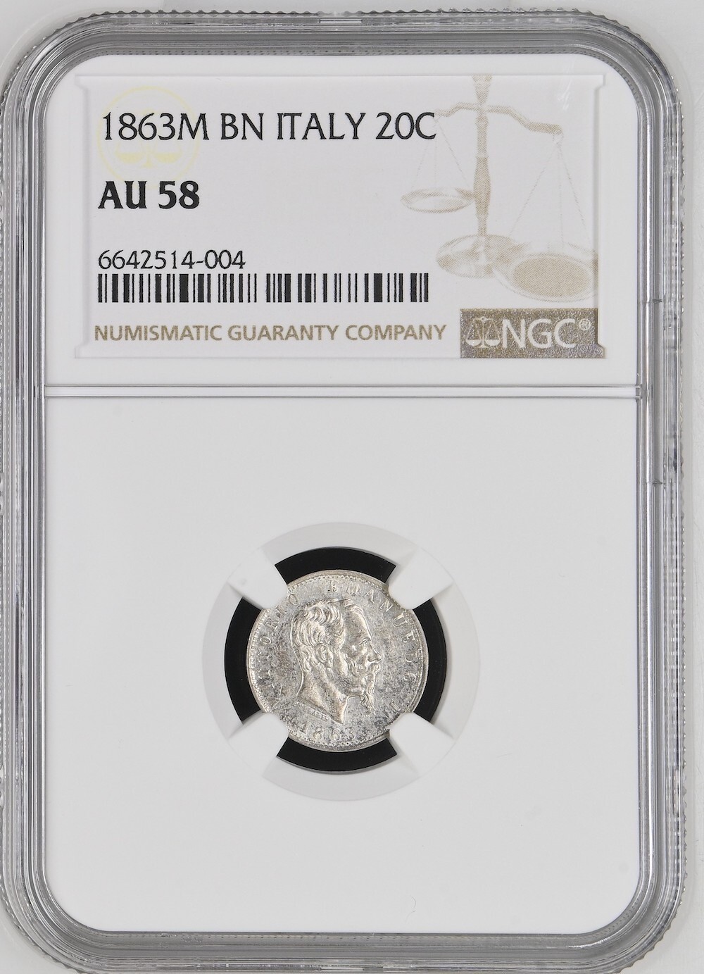 ITALY coin 20 Centesimi 1863 M NGC AU 58 Choice About Uncirculated
