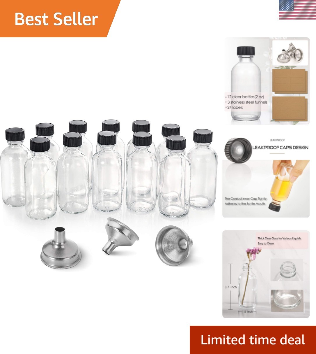 12 Pack, 2 oz Small Clear Glass Bottles w/Lid & 3 Funnels - 60ml Boston Shot ...