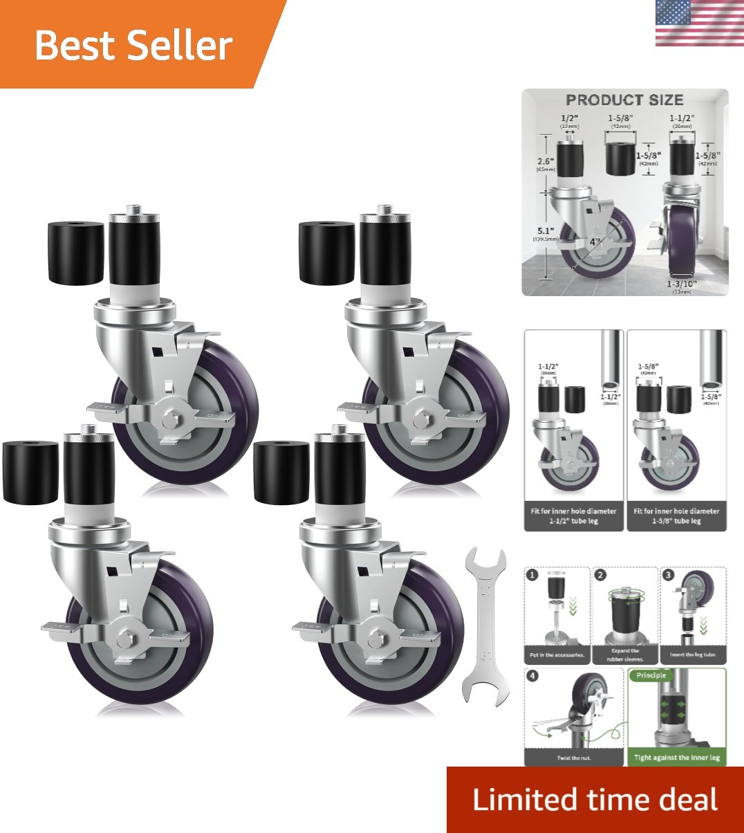 4 inch Prep Table Casters Set of 4 for Commercial Kitchen Prep Tables, Expand...