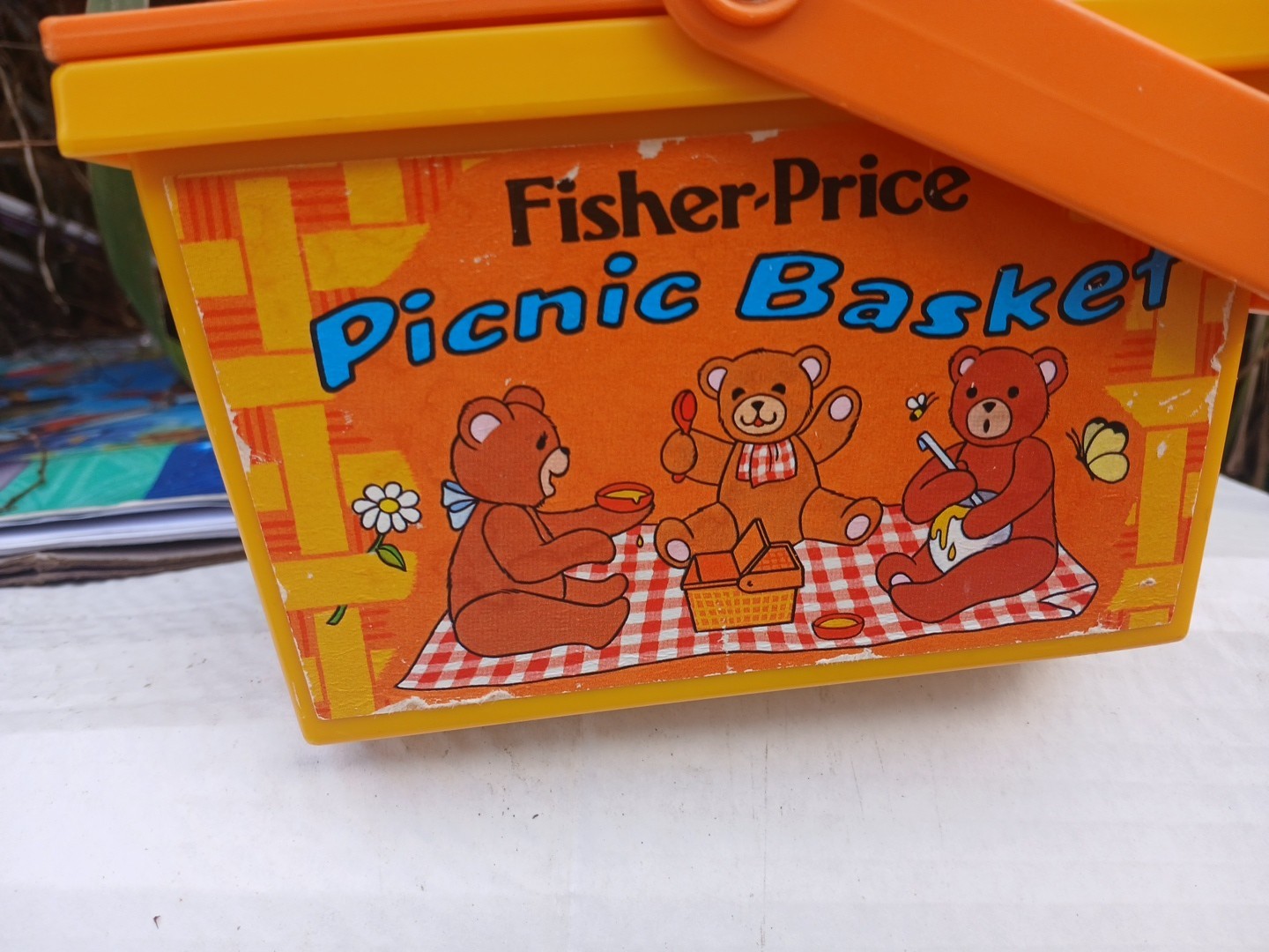 Fisher-Price 1974 Vintage Picnic Basket #677 USA Spoon, Bear Thermos, Blanket 