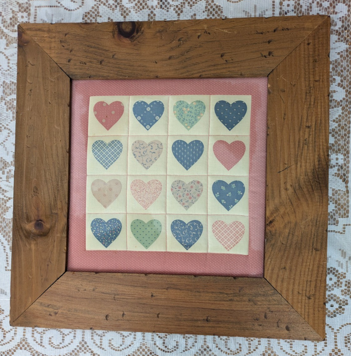 Handmade Quilted Rustic Framed Wall Hanging Calico Hearts Country Farmhouse 20"