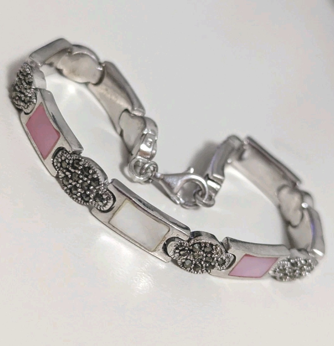 Sterling Silver Marcasite Bracelet Pink Shell Mother of Pearl Panel bracelet 7.5