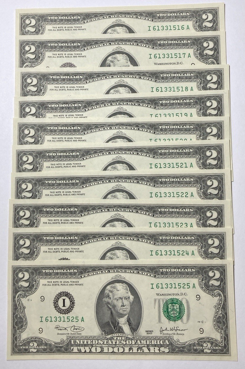 10 Pc 2003 $2 Federal Reserve Minneapolis Minnasota Consecutive Gems