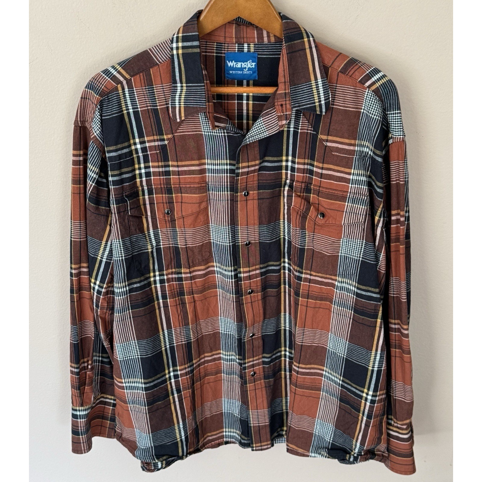 Vintage Wrangler Western Shirt Mens XXL Pearl Snap Long Sleeve Black Tan Orange