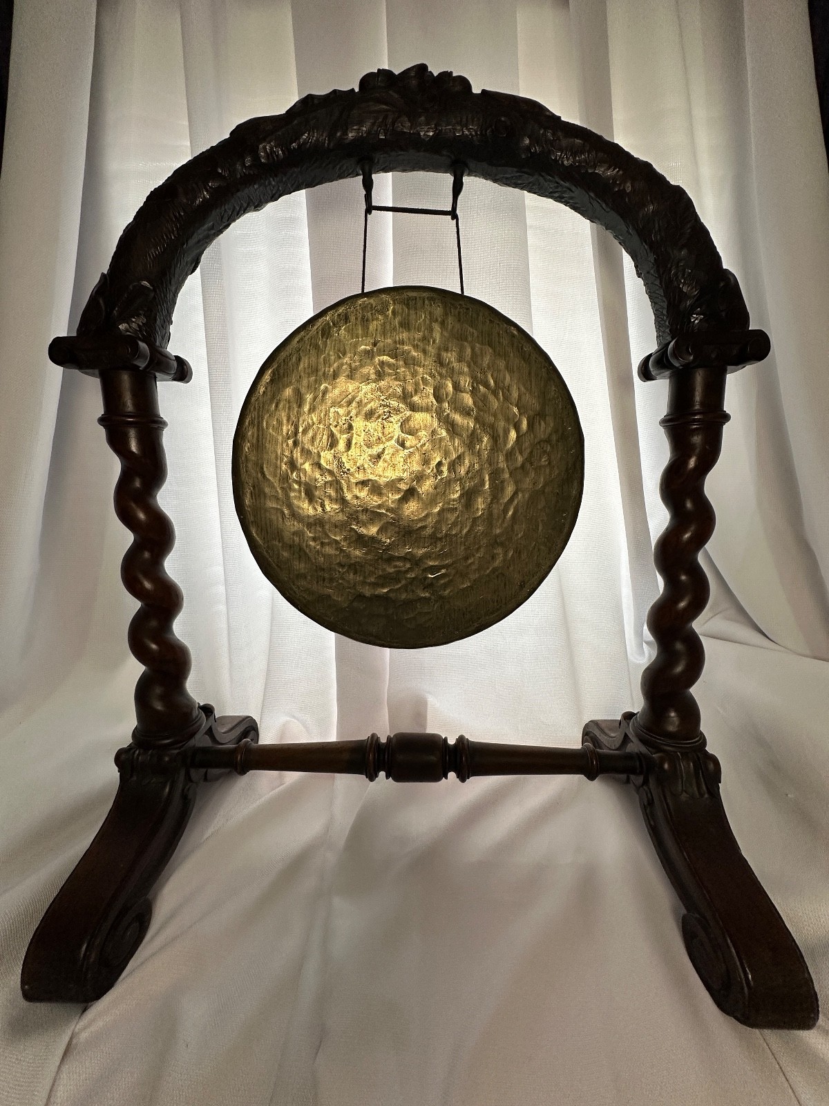 ANTIQUE English Carved Oak & Brass Dinner Gong w/ Barley Twist Legs & Mallet