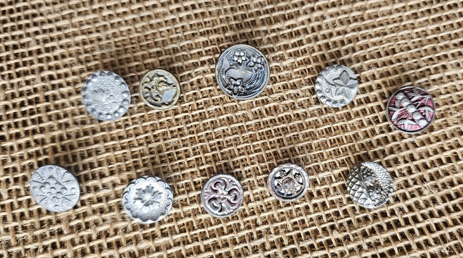 10 Antique Victorian Picture Buttons Pewter Floral Shell Basket .5" -.75"