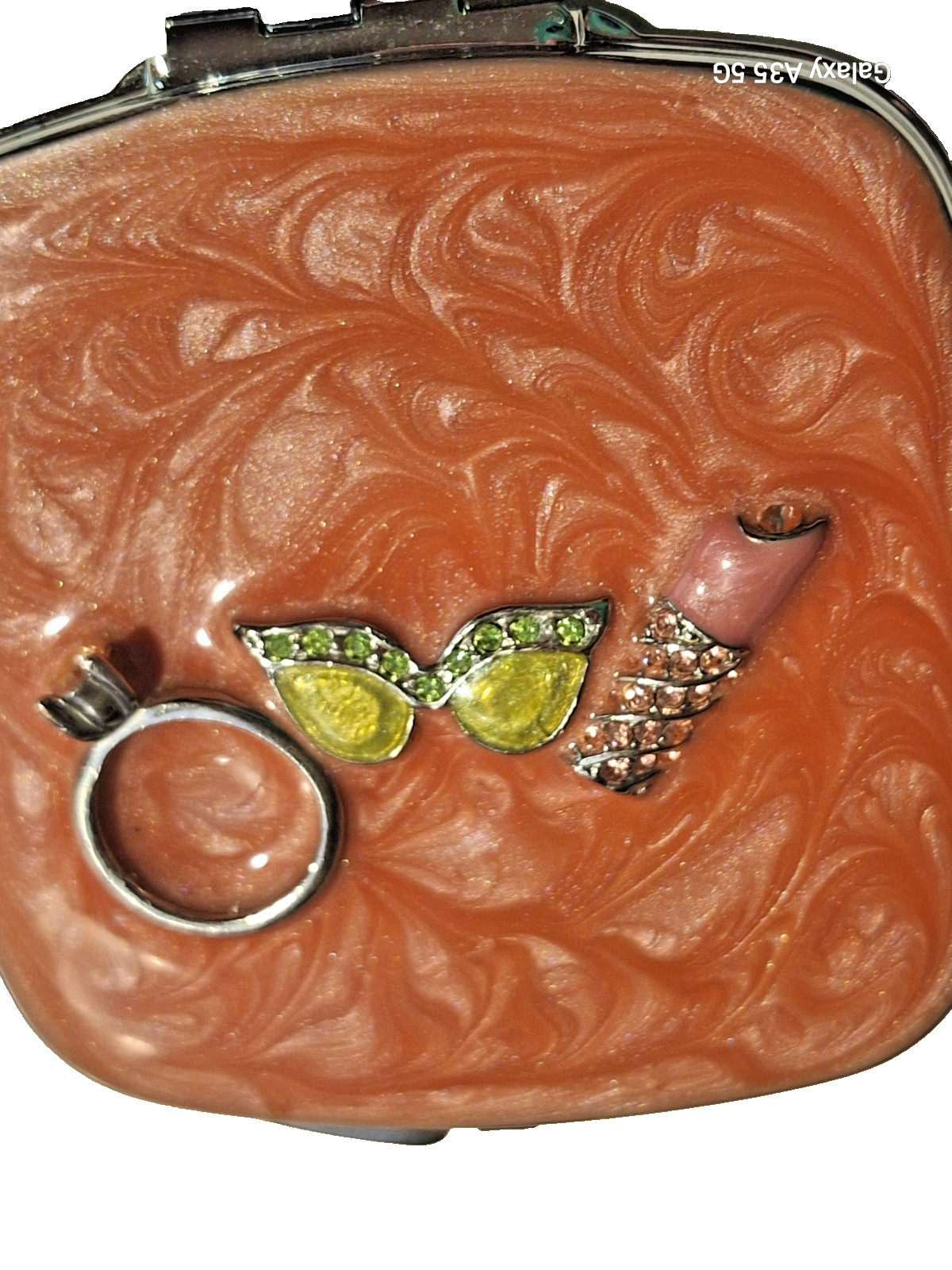 Spring Street enameled jeweled Silver Tone Purse folding Mirror pink 3d accents