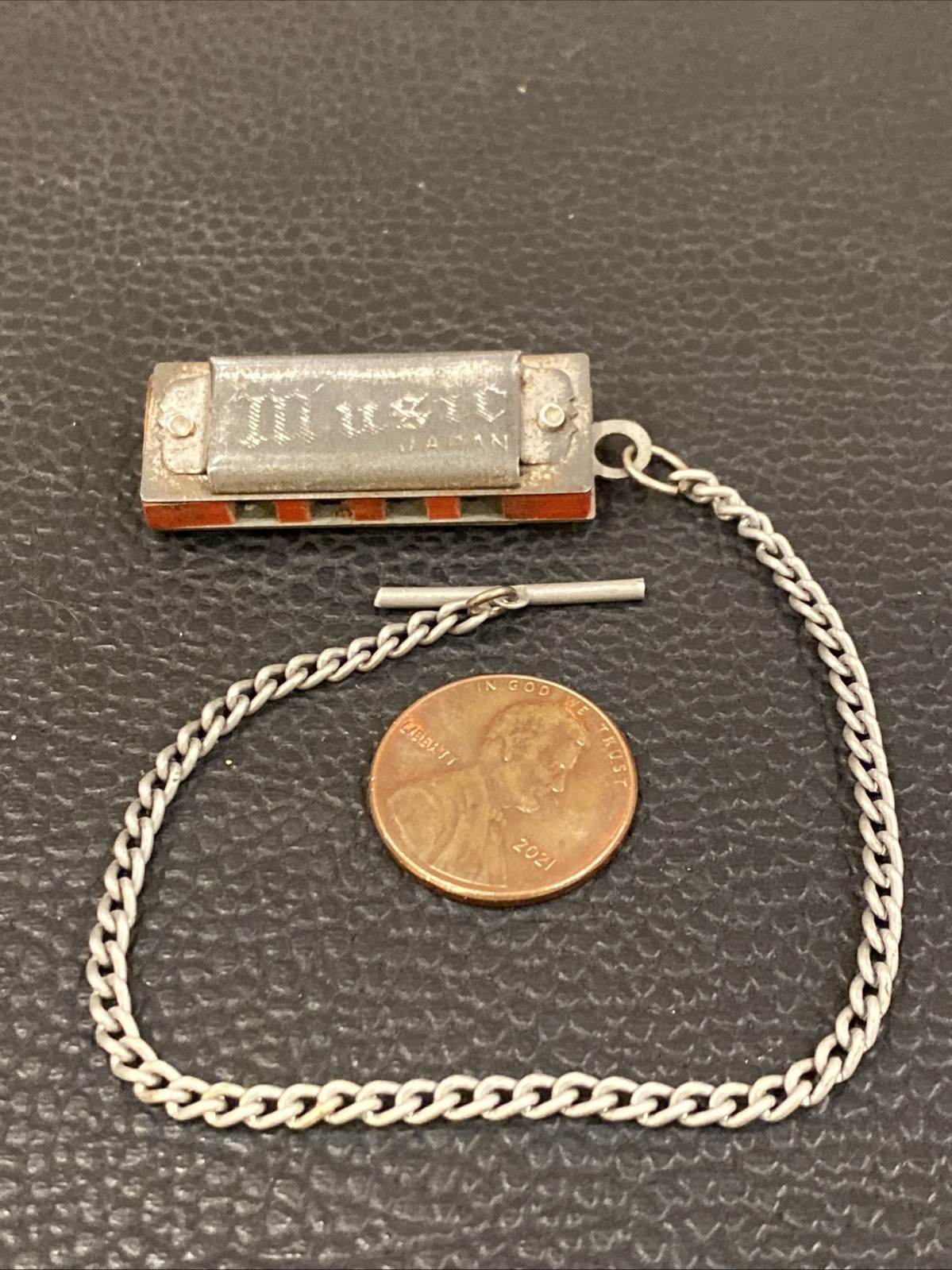 Vintage RED Mini MUSIC Harmonica Keychain Charm Functional Japan w/ T BAR CHAIN