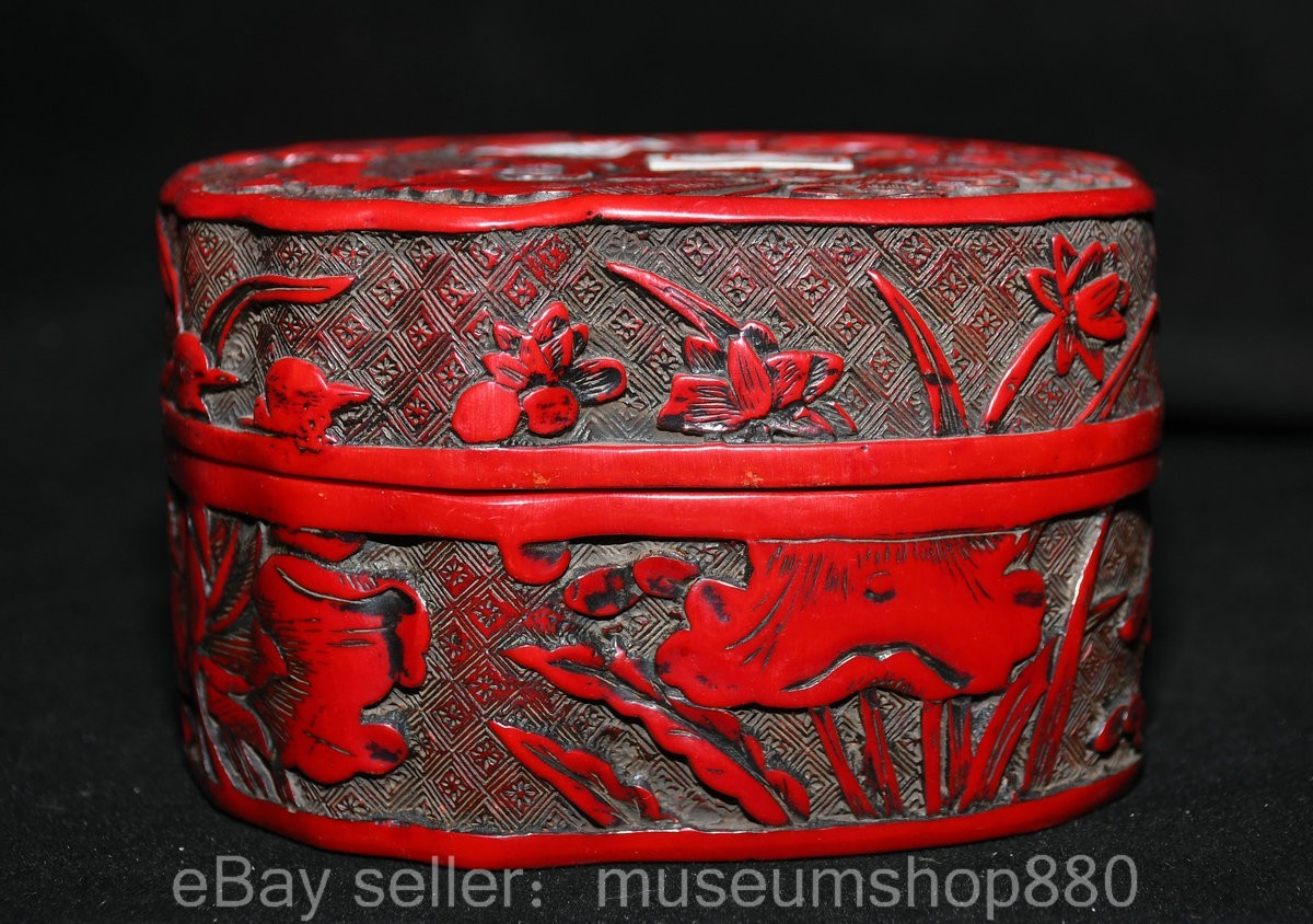 4.8" Qianlong Chinese Red lacquerware Dynasty Mandarin duck Storage Box