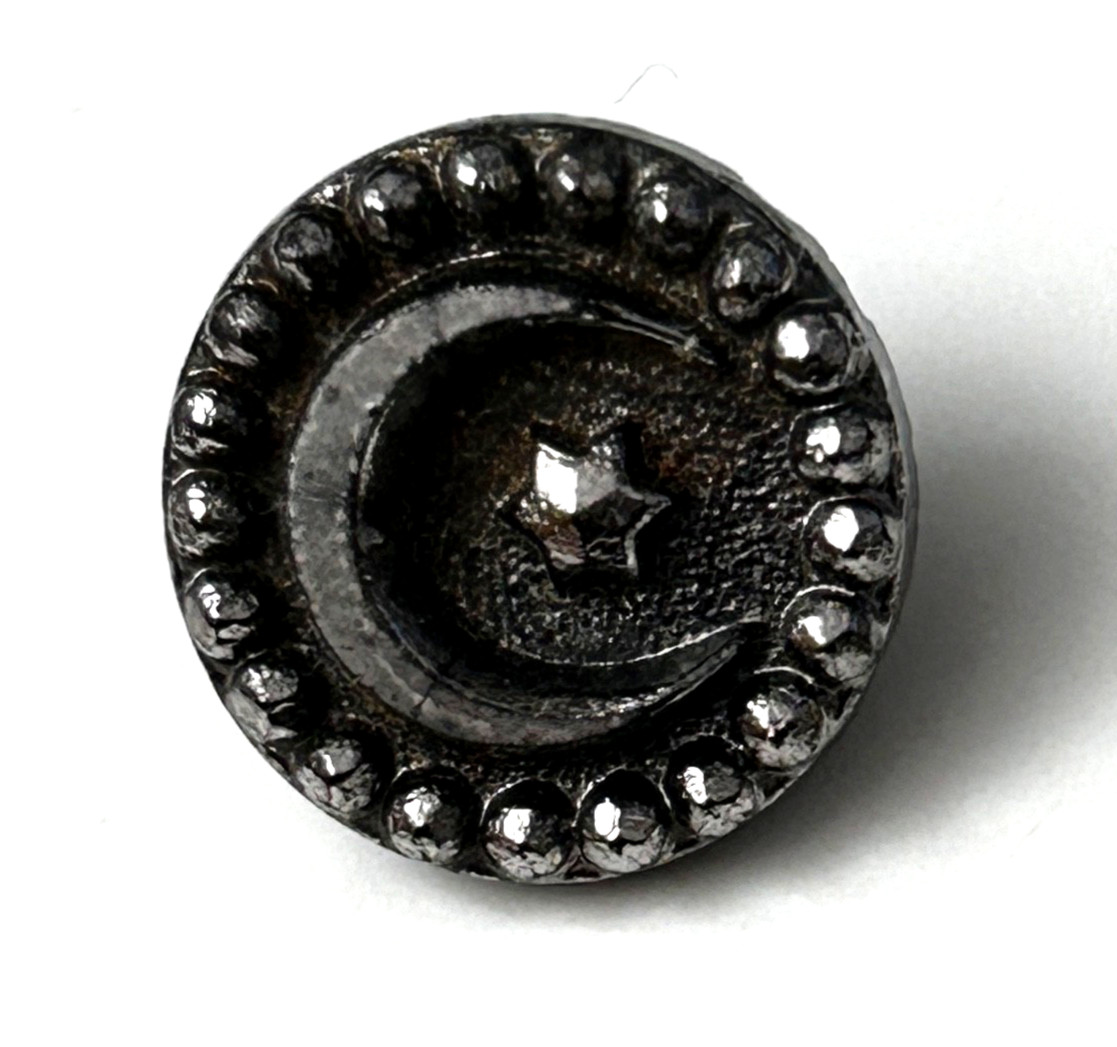 Sml Victorian Era Silver Luster Crescent Moon & Star on Black Glass Button #412