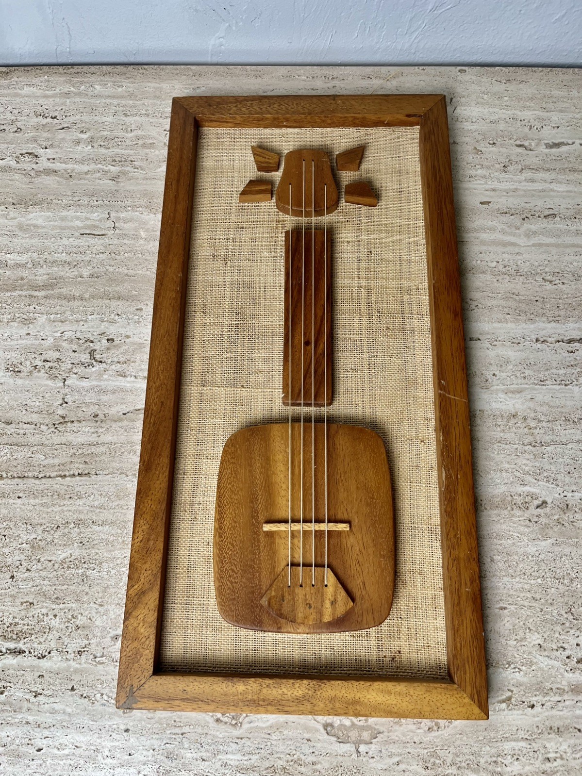 Vtg Enesco Wood Guitar on Burlap Framed Wall Art Hanging MCM Mid-Century 