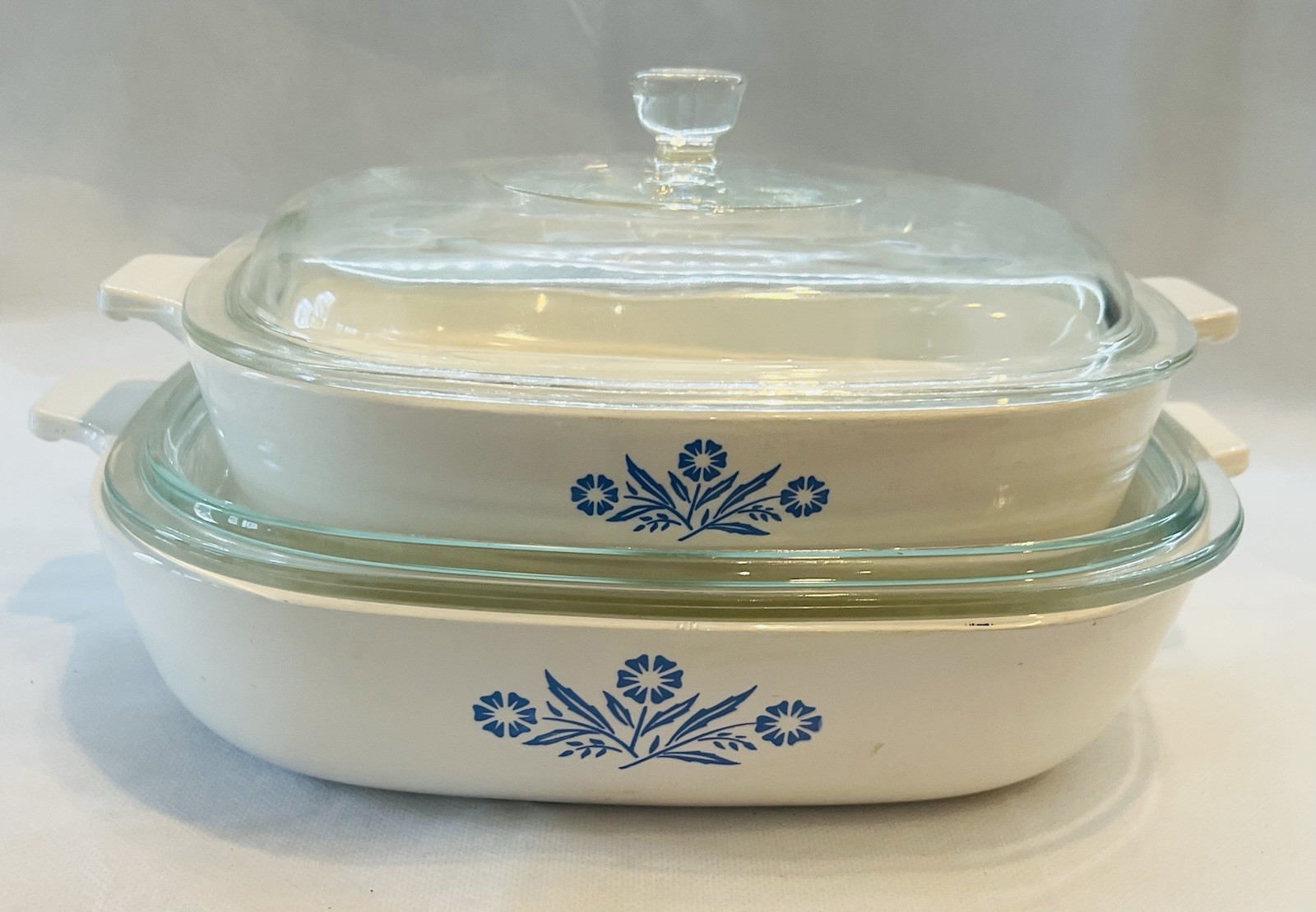 Vintage Corning Ware Blue Cornflower P-9-B & P-10-B Square  Baking Dishes w/Lids