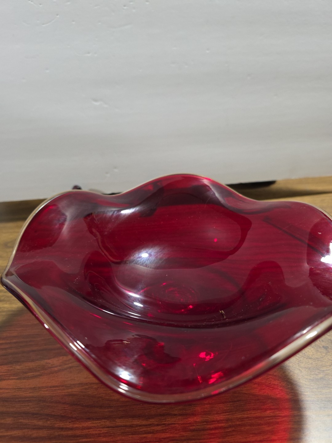 Vintage Ruby Red Clear Glass Base Candy Dish Compote Red Bowl 9 Inch Bowl