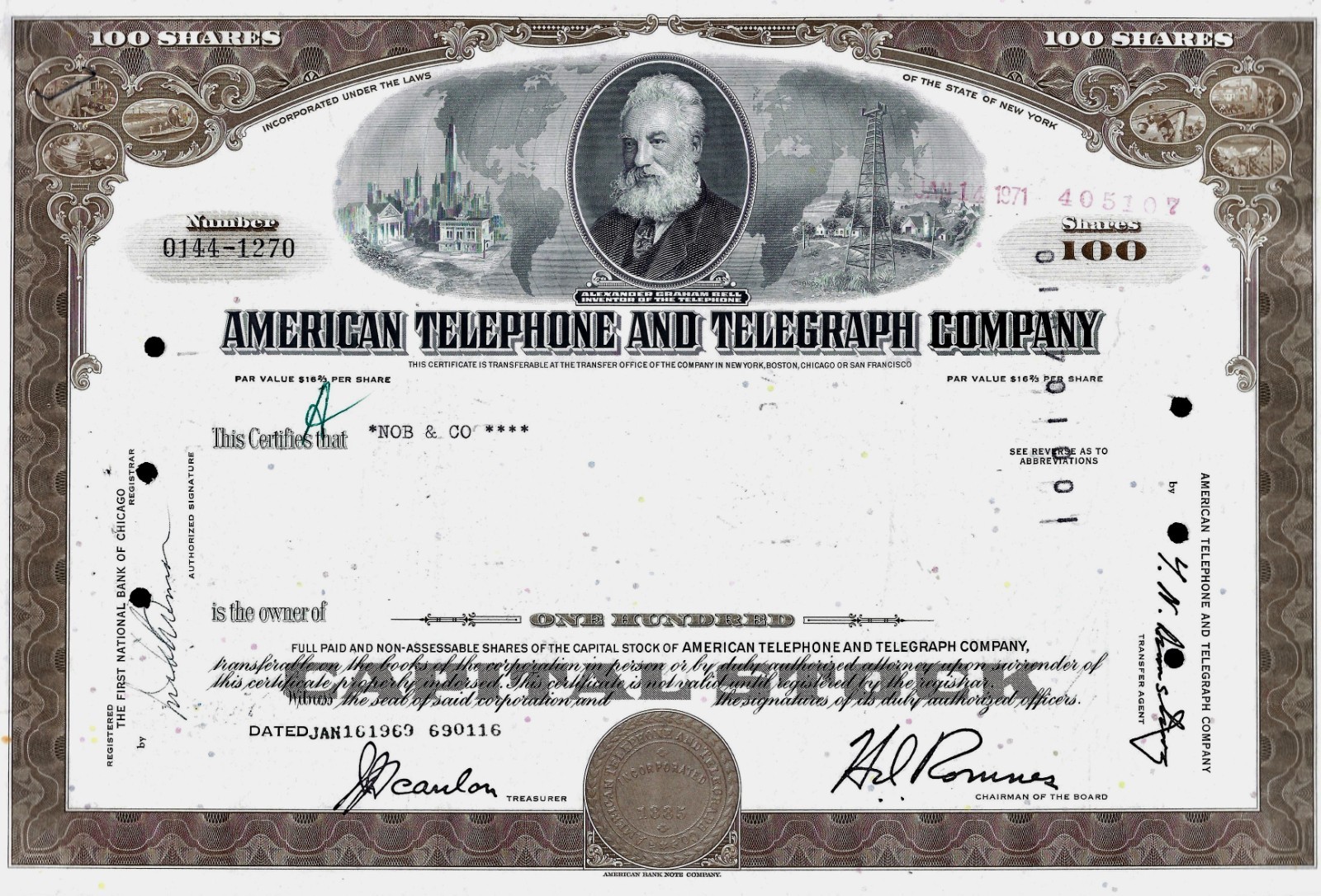 American Telephone & Telegraph Company (AT&T) N.Y.  1969 (100 Shares) Brown