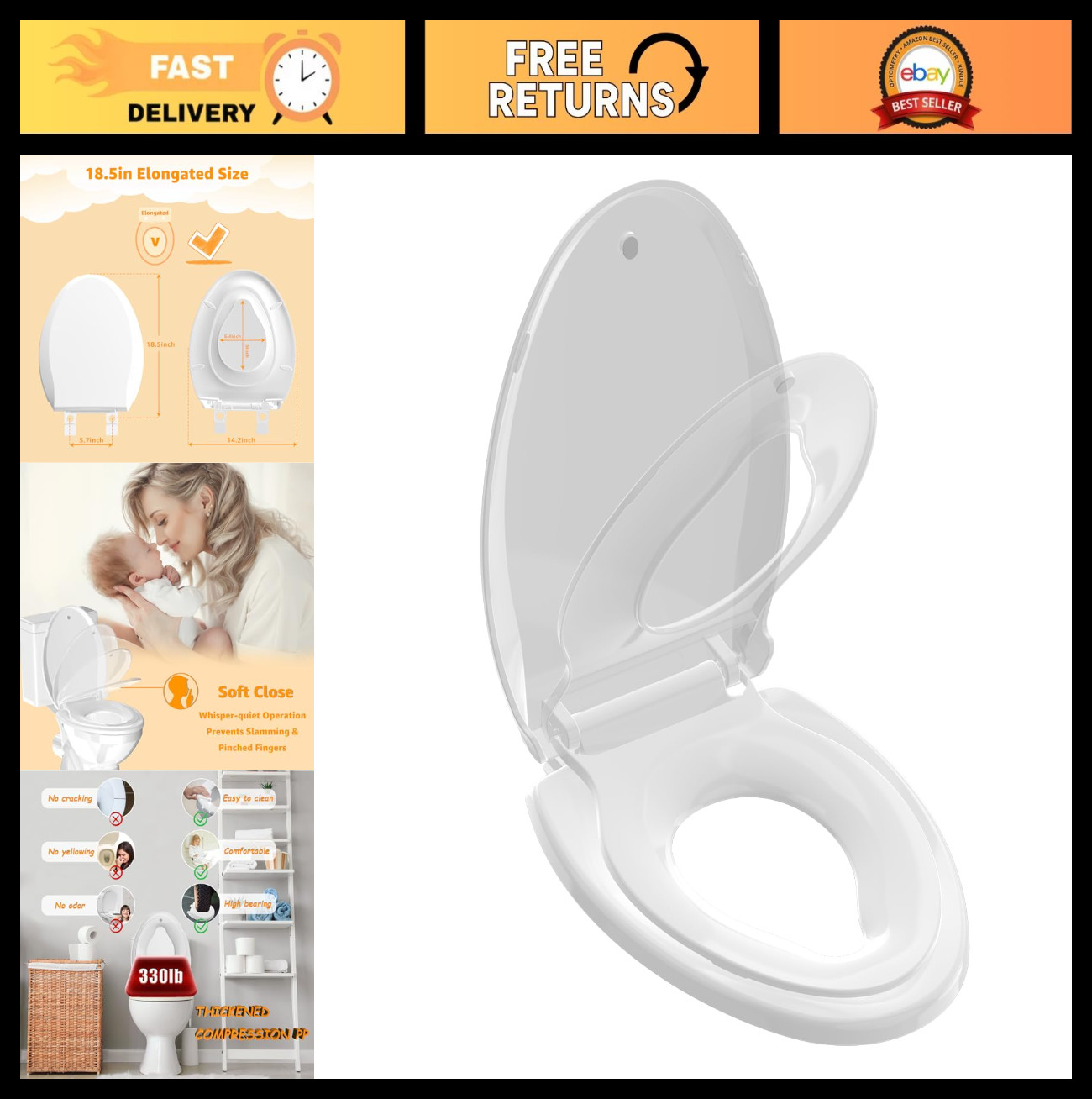 2-in-1 Potty Training Seat & Elongated Toilet Seat, Soft Close, Easy Install, Ma